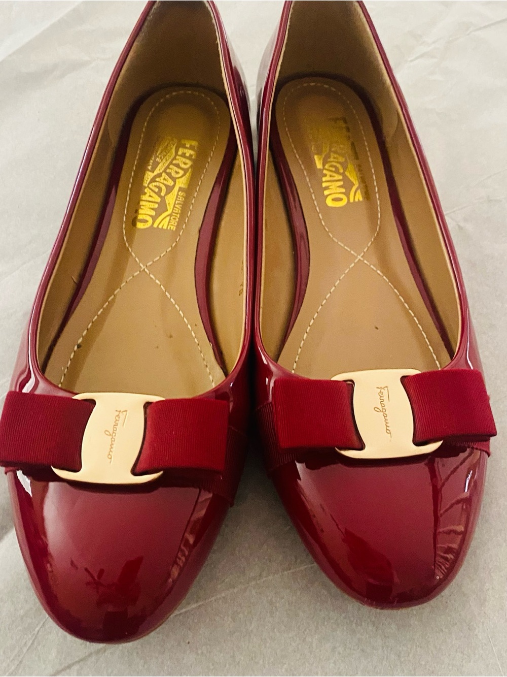 Salvatore Ferragamo Burgundy Vara Patent Leather Ballet Flats